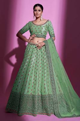 Fusionic parrot-green embroidered silk lehenga-choli with blouse 1
