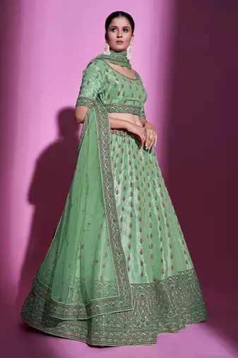Fusionic parrot-green embroidered silk lehenga-choli with blouse