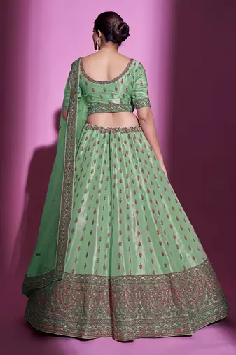 Fusionic parrot-green embroidered silk lehenga-choli with blouse