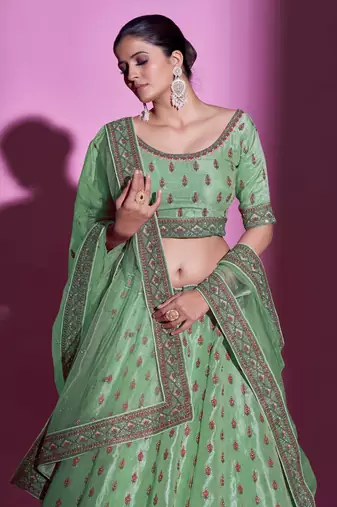 Fusionic parrot-green embroidered silk lehenga-choli with blouse