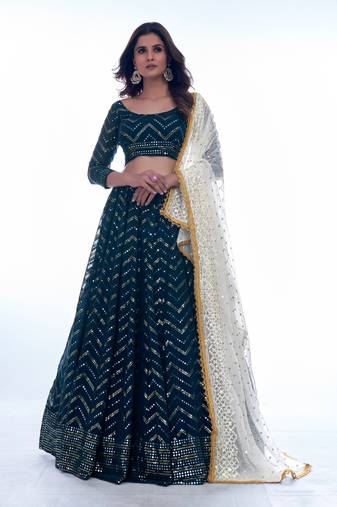 Fusionic navy-blue embroidered georgette lehenga-choli with blouse