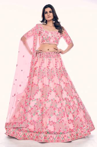 Fusionic peach embroidered net lehenga-choli with blouse