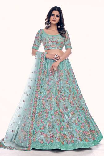 Fusionic blue embroidered net lehenga-choli with blouse