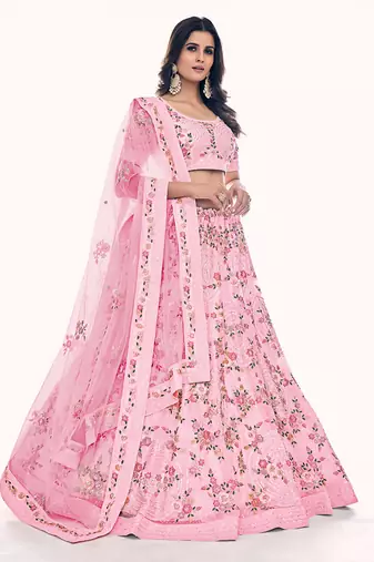 Fusionic pink embroidered net lehenga-choli with blouse