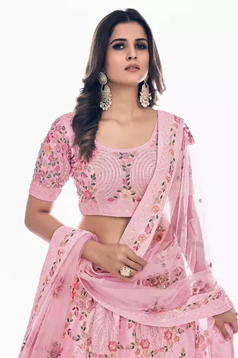 Fusionic pink embroidered net lehenga-choli with blouse