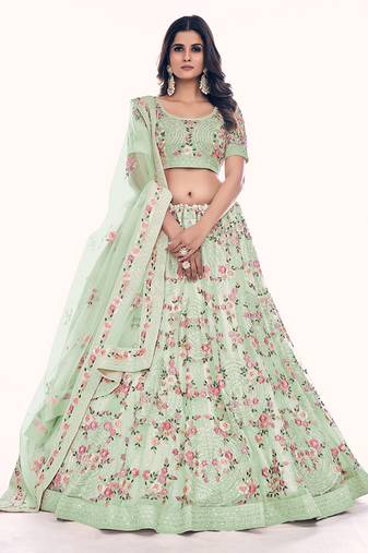 Fusionic green embroidered net lehenga-choli with blouse