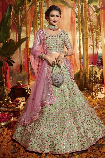 Fusionic green embroidered organza lehenga-choli with blouse