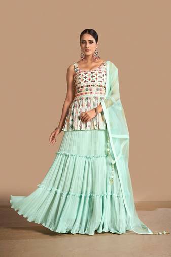 Fusionic sea-green plain georgette readymade-lehenga-cholis with blouse