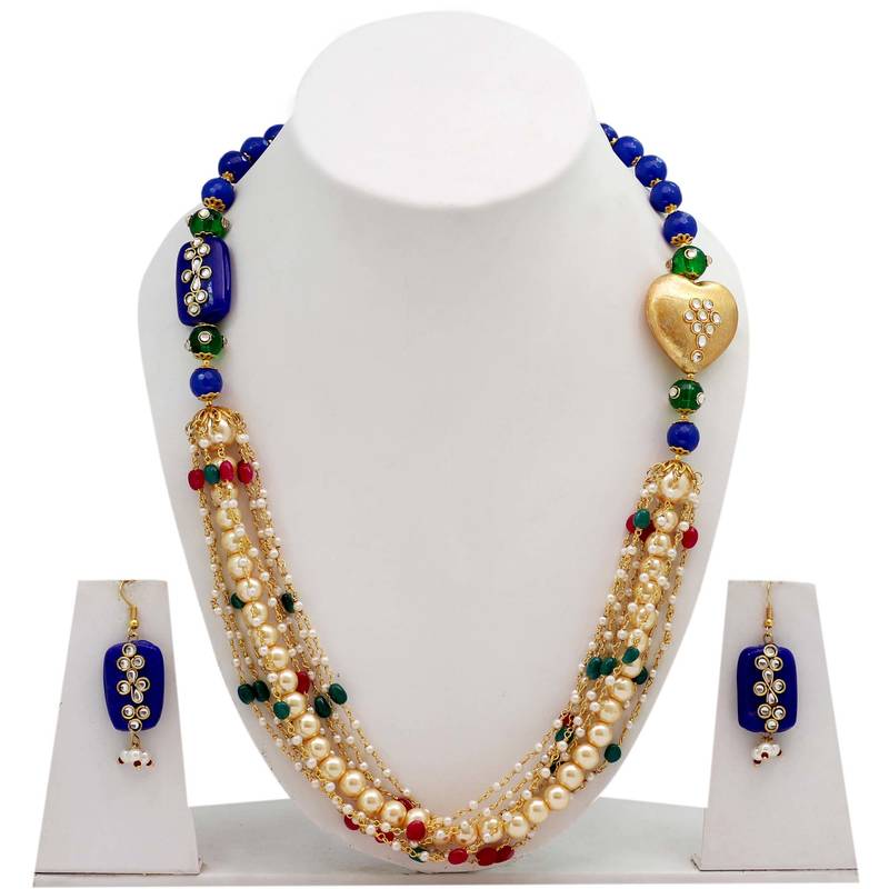 Blue Beaded Pearl Kundan Stone Puwai Necklace set