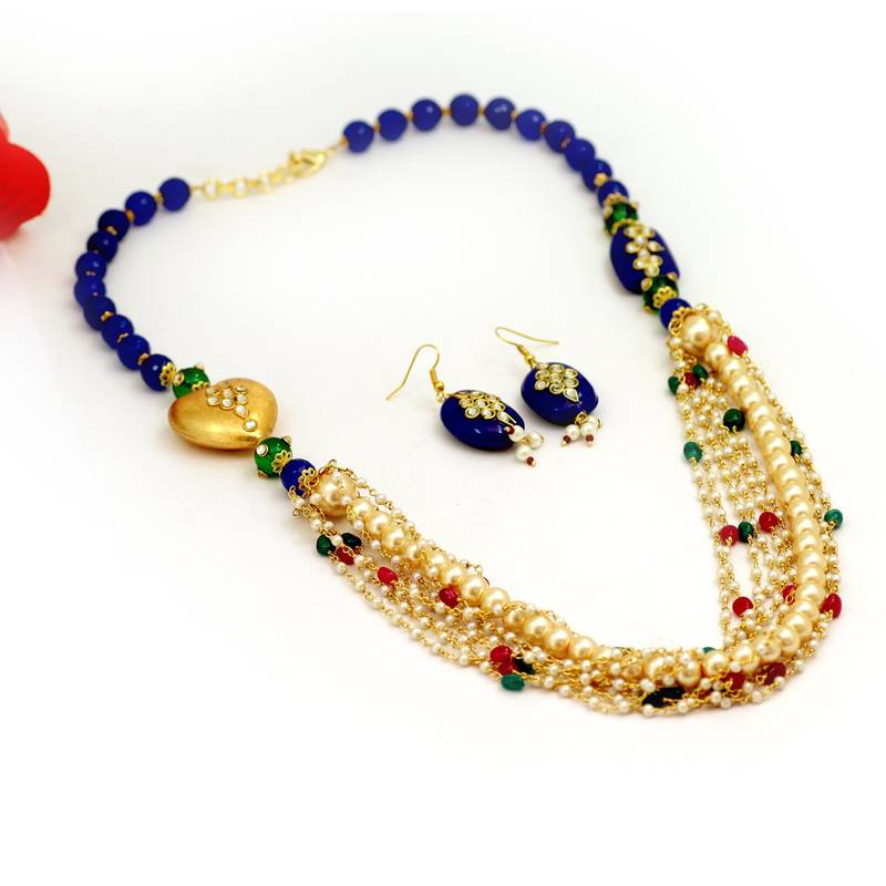 Blue Beaded Pearl Kundan Stone Puwai Necklace set
