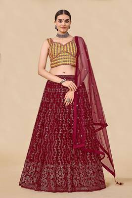 Fusionic maroon embroidered georgette readymade-lehenga-cholis with blouse 1