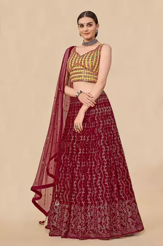 Fusionic maroon embroidered georgette readymade-lehenga-cholis with blouse