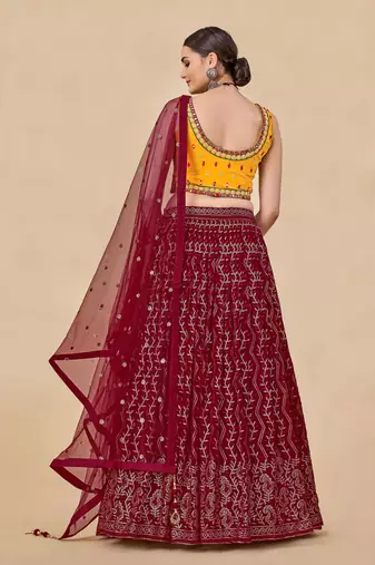 Fusionic maroon embroidered georgette readymade-lehenga-cholis with blouse