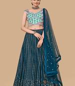 Fusionic teal-green embroidered georgette readymade-lehenga-cholis with blouse
