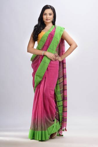 Pink cotton tai dai with solid broder in multi colour pallu hondwaven saree