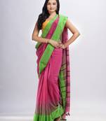 Pink cotton tai dai with solid broder in multi colour pallu hondwaven saree