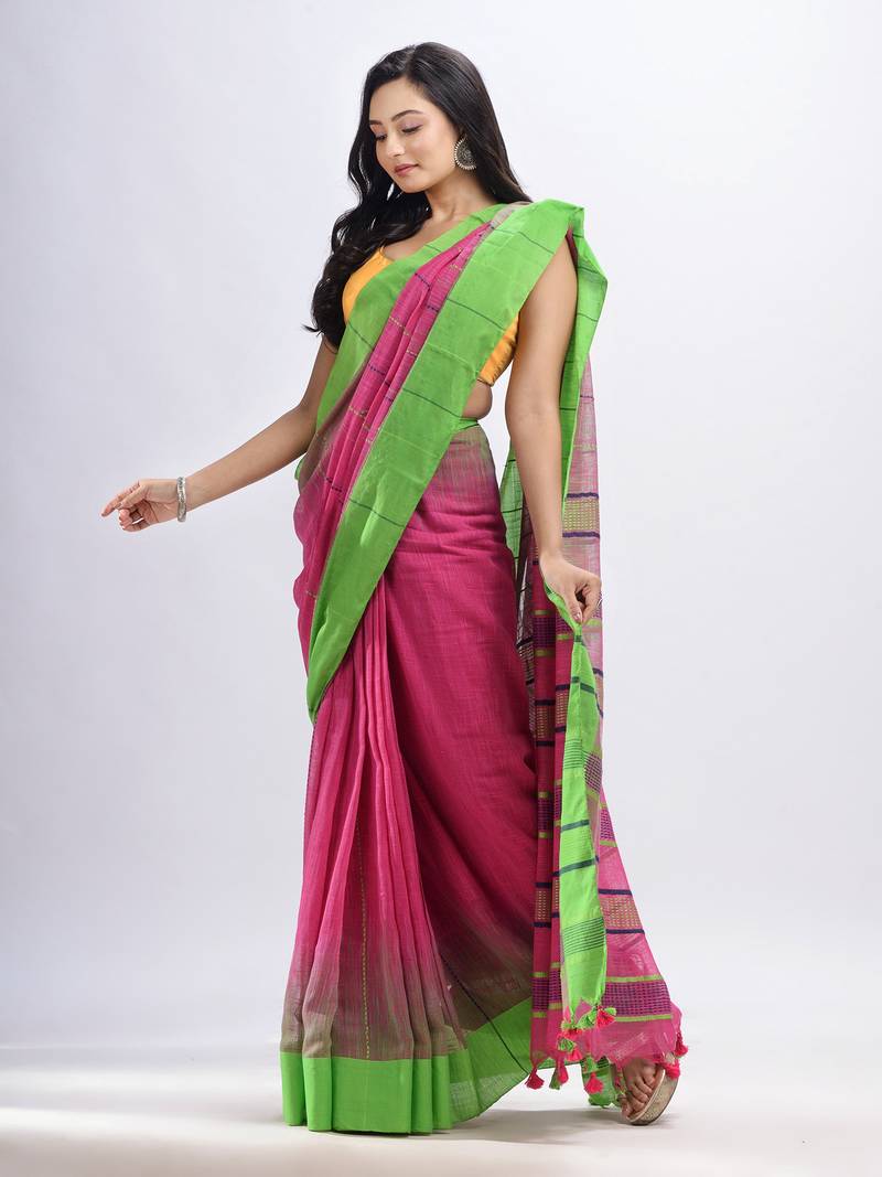 Pink cotton tai dai with solid broder in multi colour pallu hondwaven saree