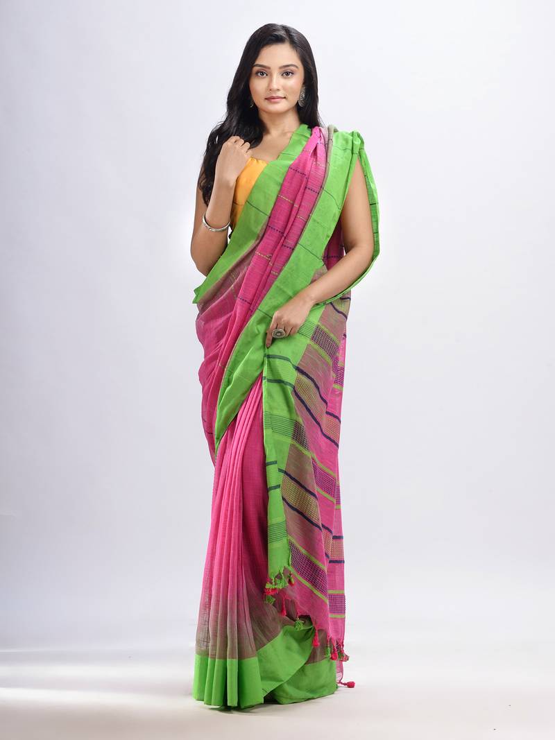 Pink cotton tai dai with solid broder in multi colour pallu hondwaven saree