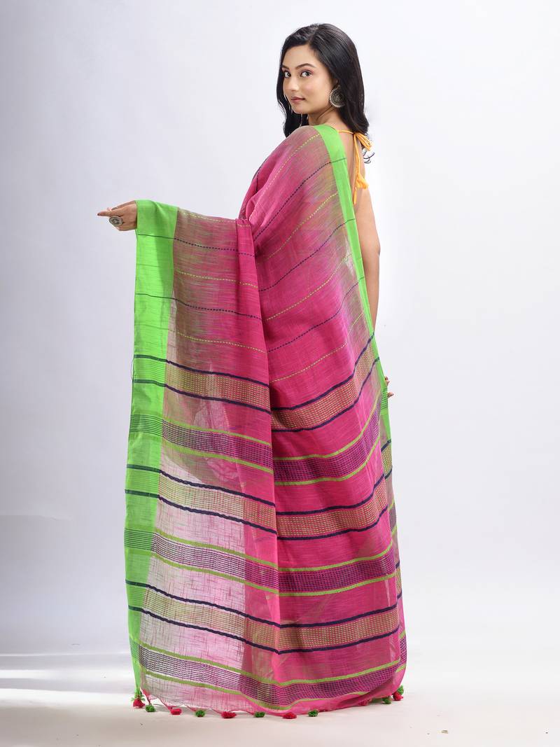 Pink cotton tai dai with solid broder in multi colour pallu hondwaven saree