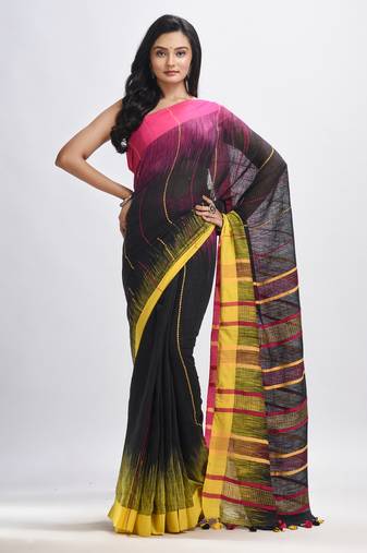 Black cotton tai dai with solid broder in multi colour pallu hondwaven saree