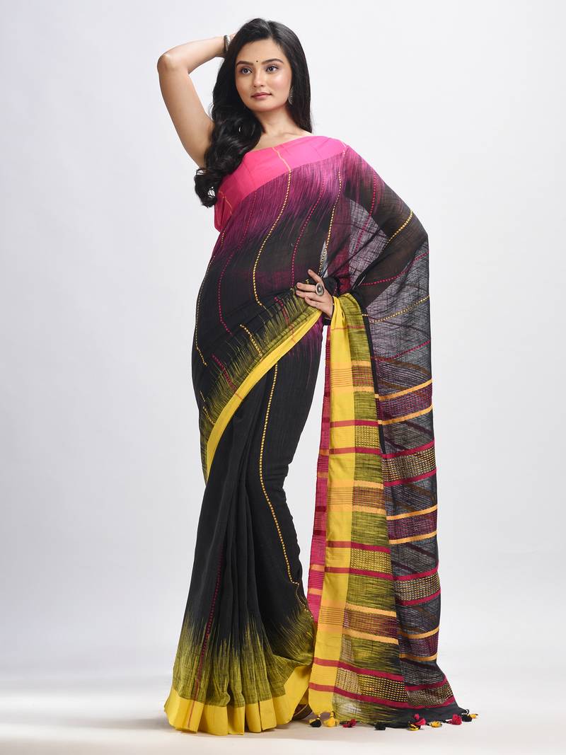 Black cotton tai dai with solid broder in multi colour pallu hondwaven saree