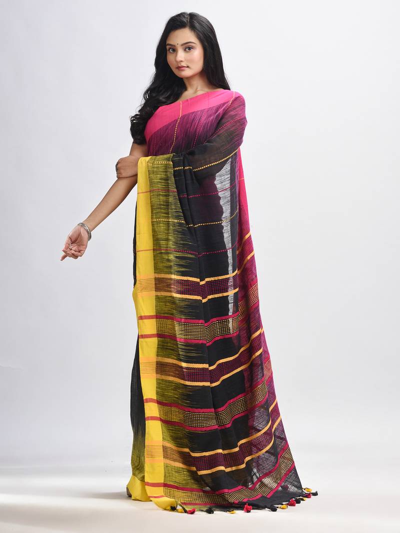 Black cotton tai dai with solid broder in multi colour pallu hondwaven saree