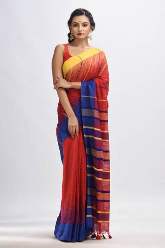 Red cotton tai dai with solid broder in multi colour pallu hondwaven saree