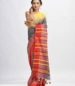 Grey cotton tai dai with solid broder in multi colour pallu hondwaven saree