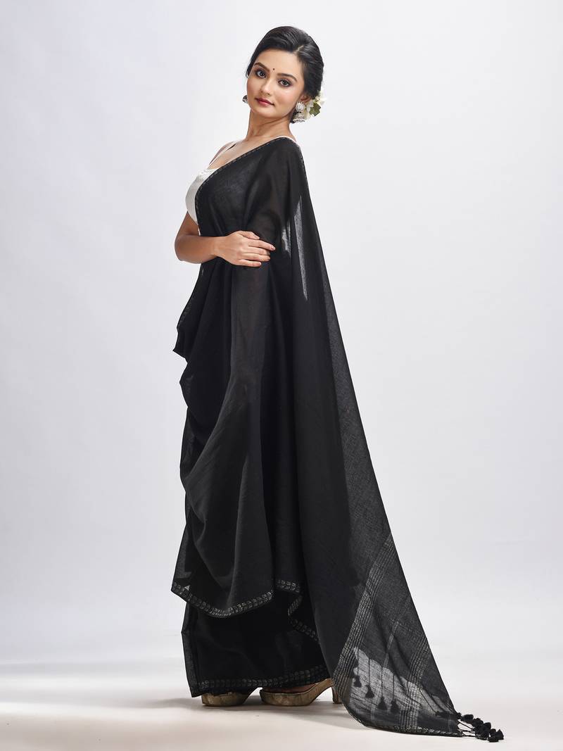 Black cotton with Jacquard Zari border and zari Stipe pallu handloom Saree