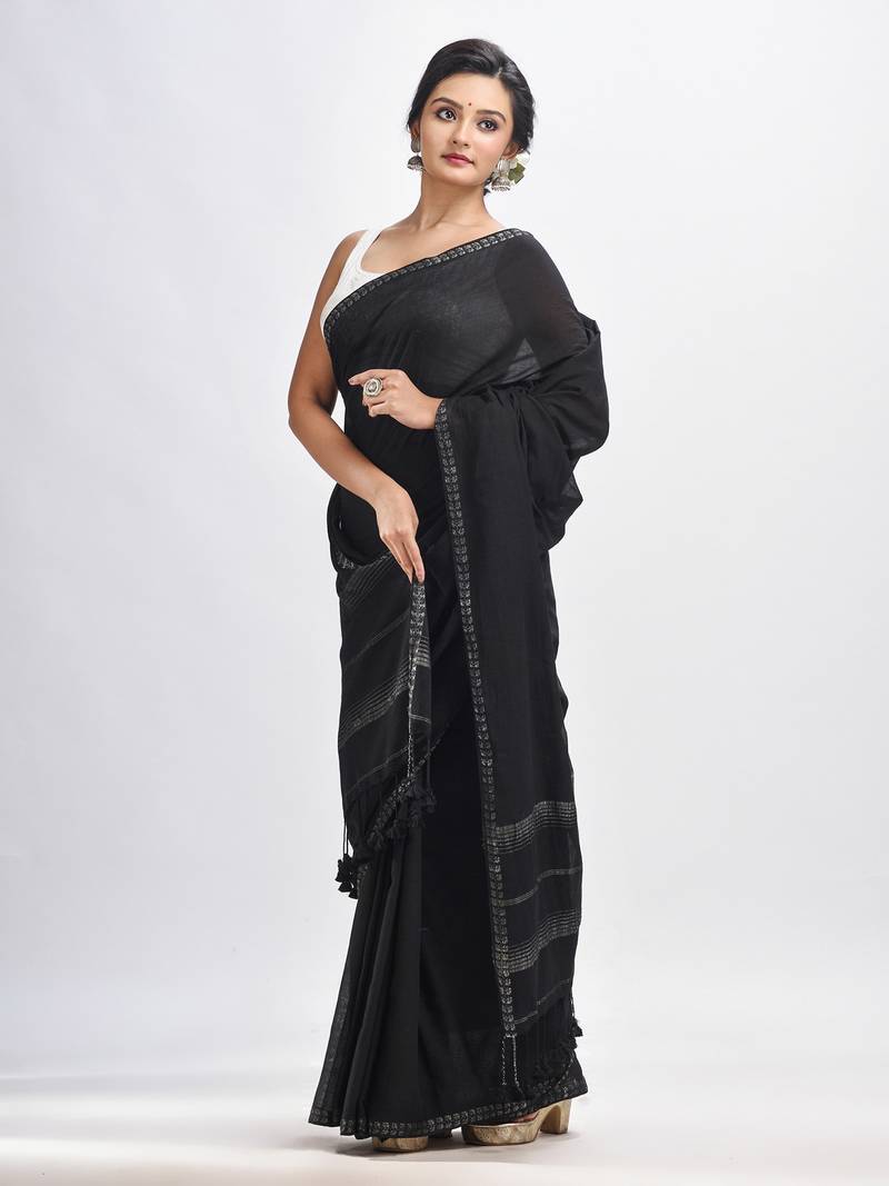 Black cotton with Jacquard Zari border and zari Stipe pallu handloom Saree