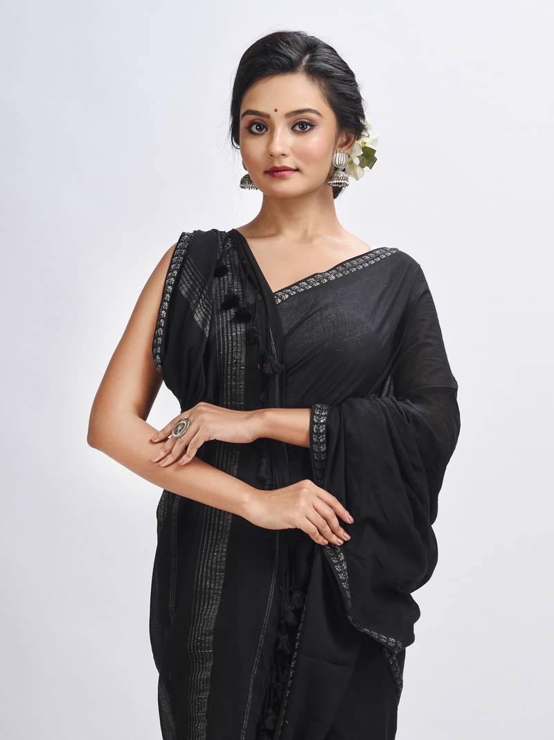 Black cotton with Jacquard Zari border and zari Stipe pallu handloom Saree