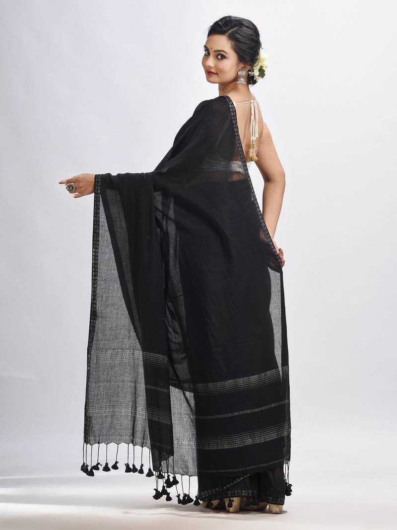 Black cotton with Jacquard Zari border and zari Stipe pallu handloom Saree