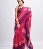 Pink with multi colour pallu handwoven line saree