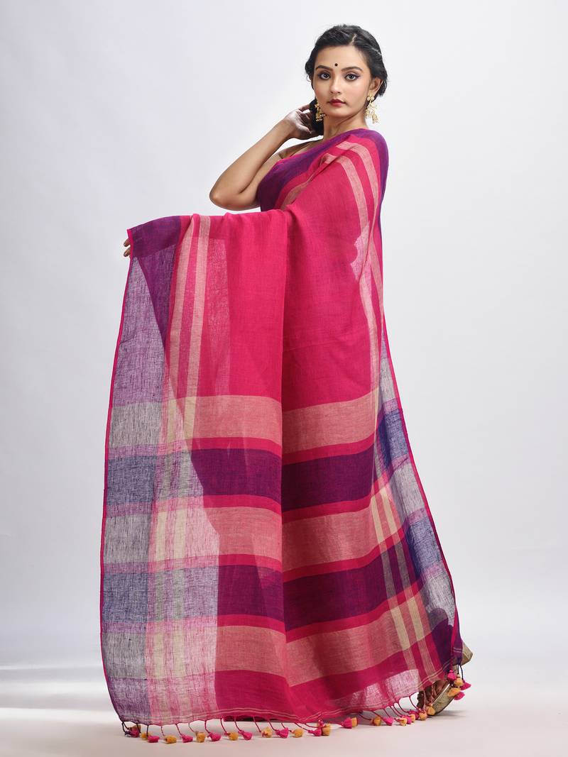 Pink with multi colour pallu handwoven line saree