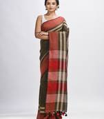Army green with multi colour pallu handwoven linen saree