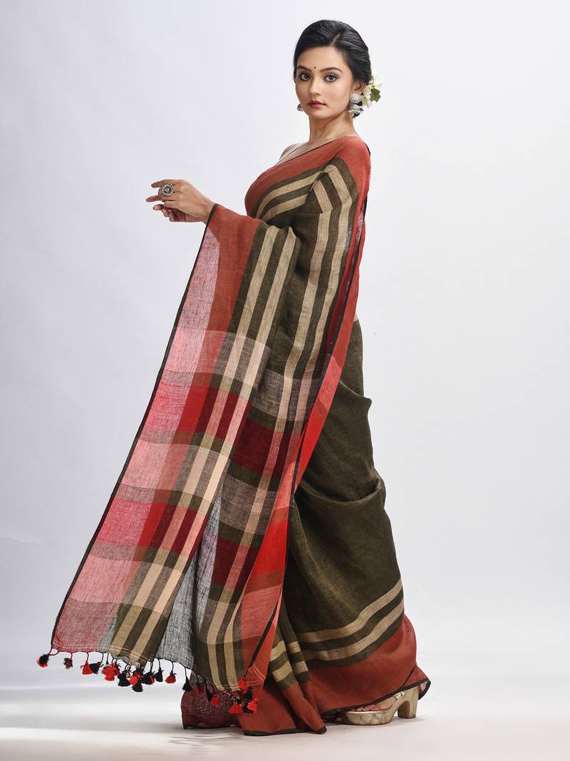 Army green with multi colour pallu handwoven linen saree