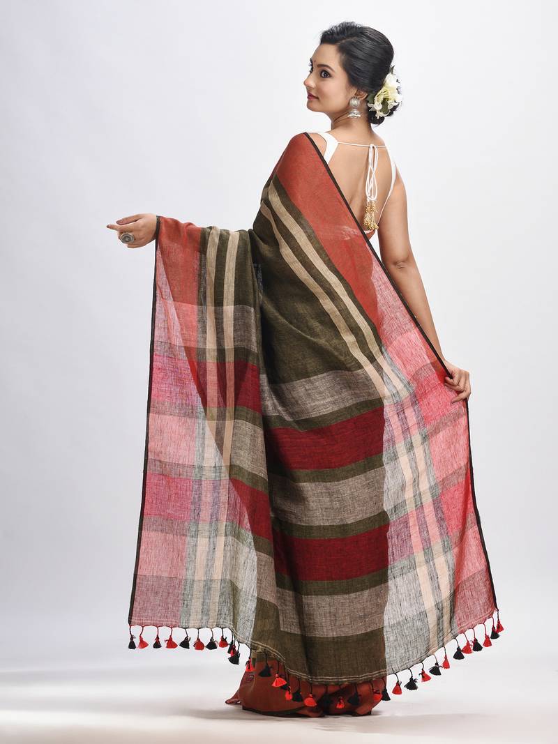 Army green with multi colour pallu handwoven linen saree