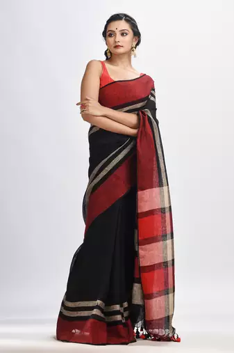 Black with multi colour pallu handwoven linen saree