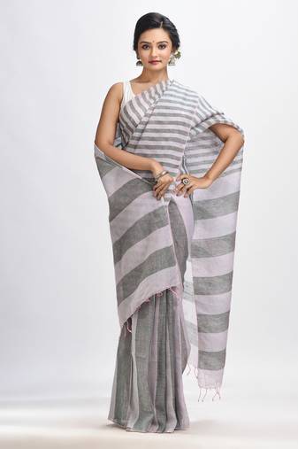 Ash And Light grey Stipe Handwoven linen handloom Saree