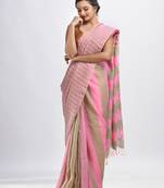 Hillside green And pink Stipe Handwoven linen handloom Saree