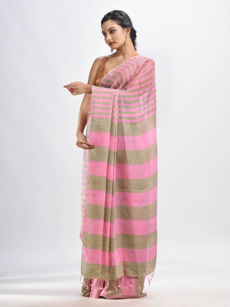 Hillside green And pink Stipe Handwoven linen handloom Saree