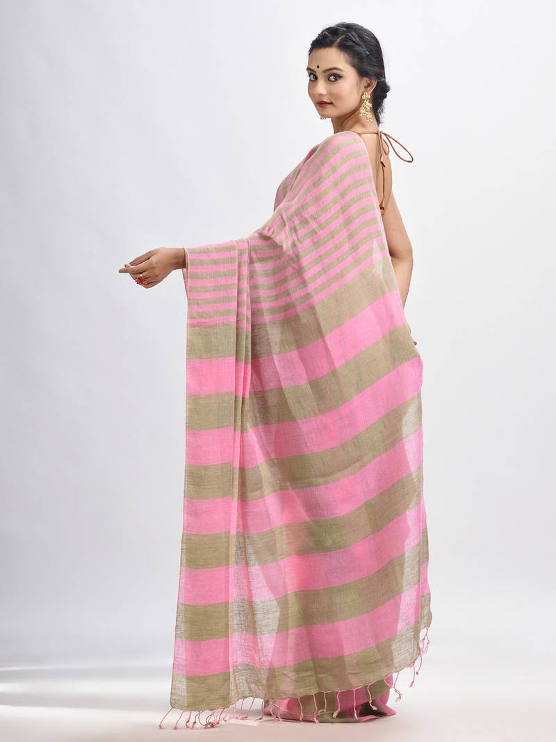 Hillside green And pink Stipe Handwoven linen handloom Saree