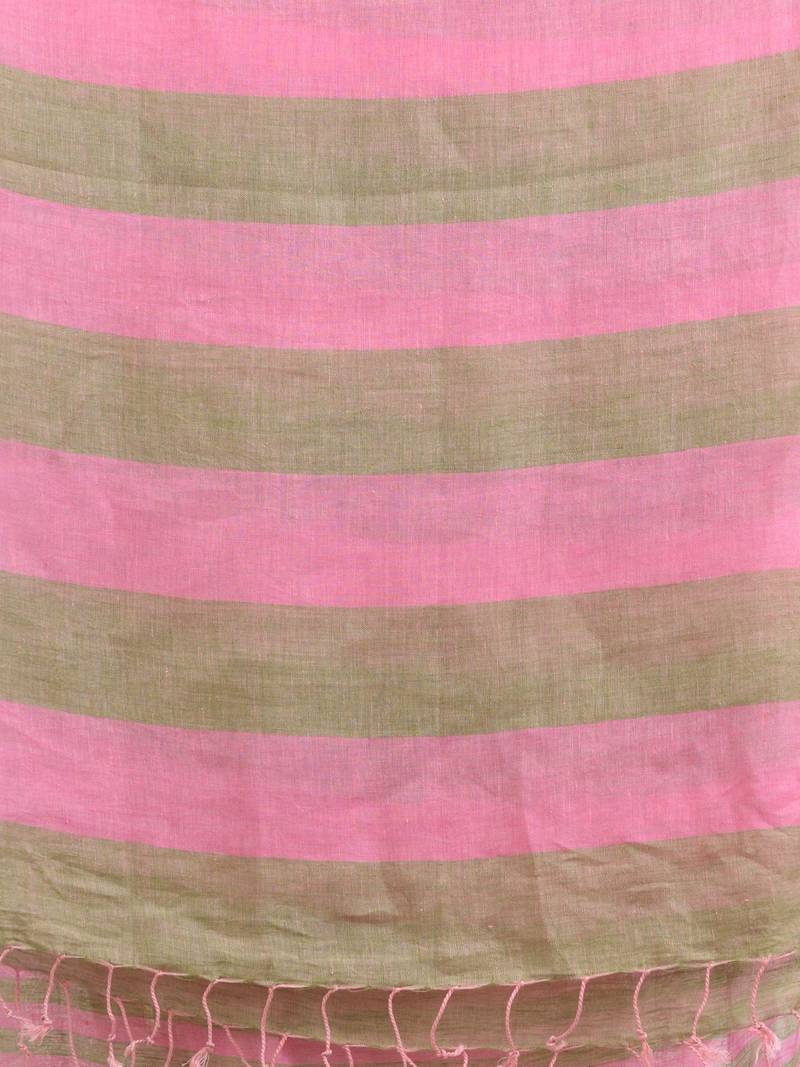 Hillside green And pink Stipe Handwoven linen handloom Saree