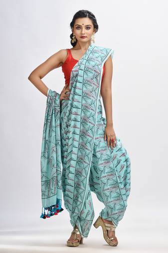 Sky blue cotton birds Printed Saree