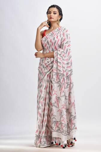 White cotton birds Printed Saree