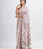White cotton birds Printed Saree