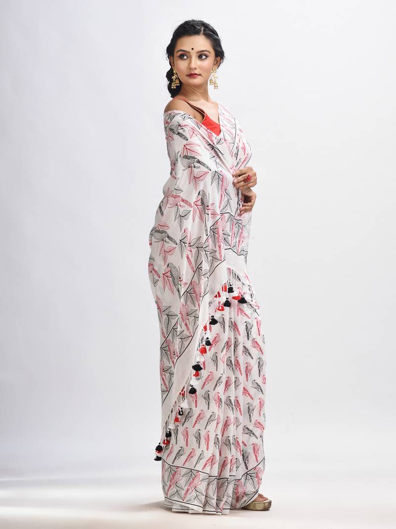White cotton birds Printed Saree