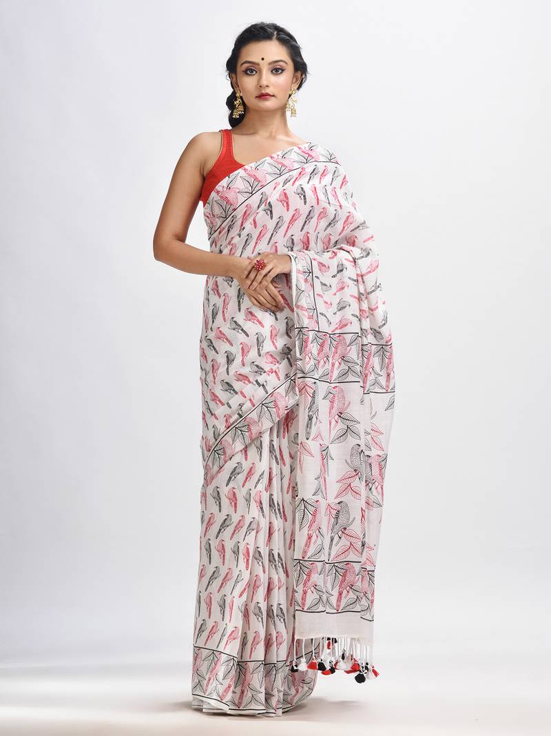 White cotton birds Printed Saree