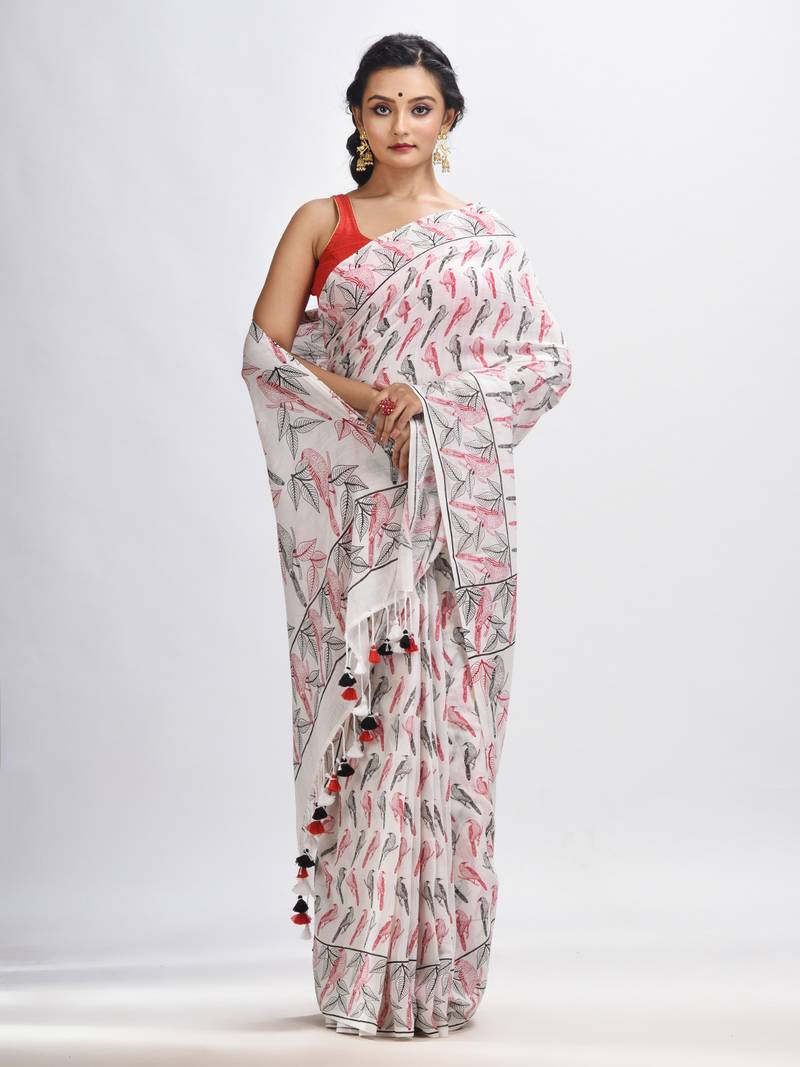 White cotton birds Printed Saree
