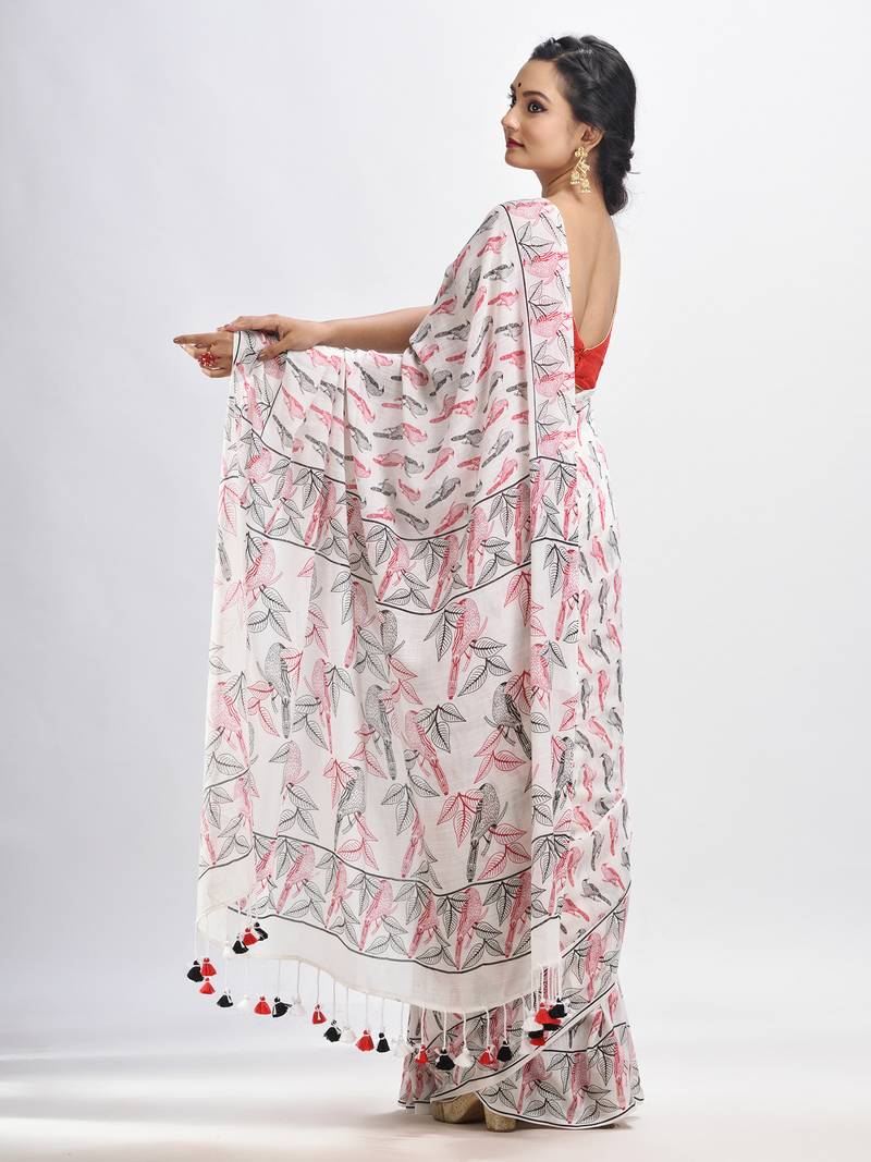 White cotton birds Printed Saree